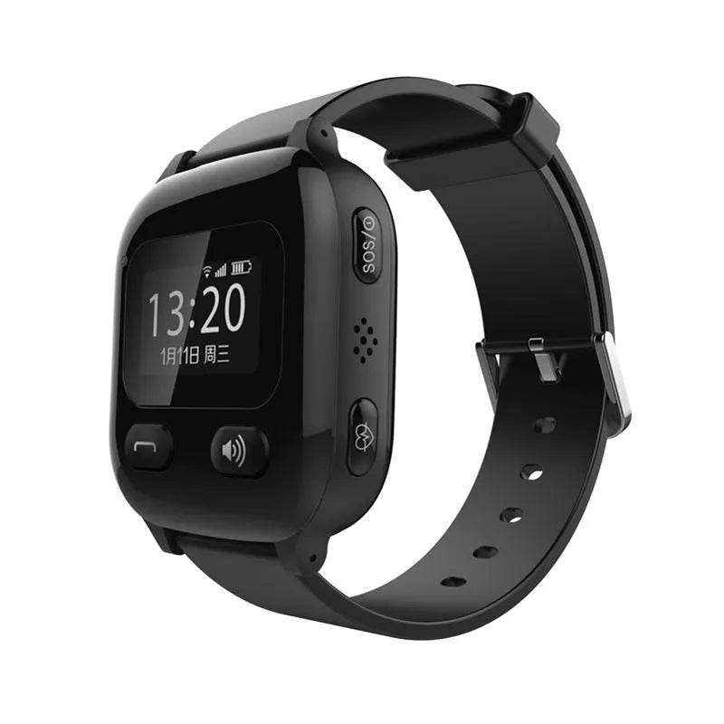 Black smart positioning watch for elderly with SOS button and card slot on wrist strap
