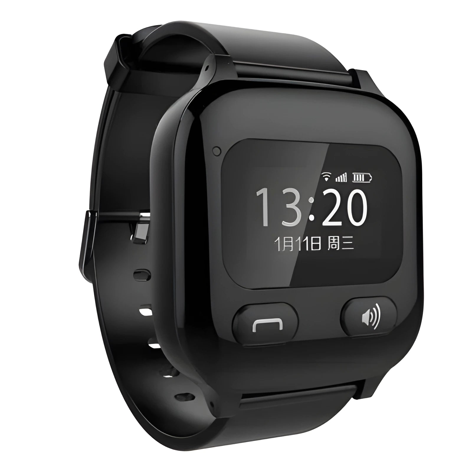 Black smart positioning watch for elderly with SOS button and card slot on wrist strap