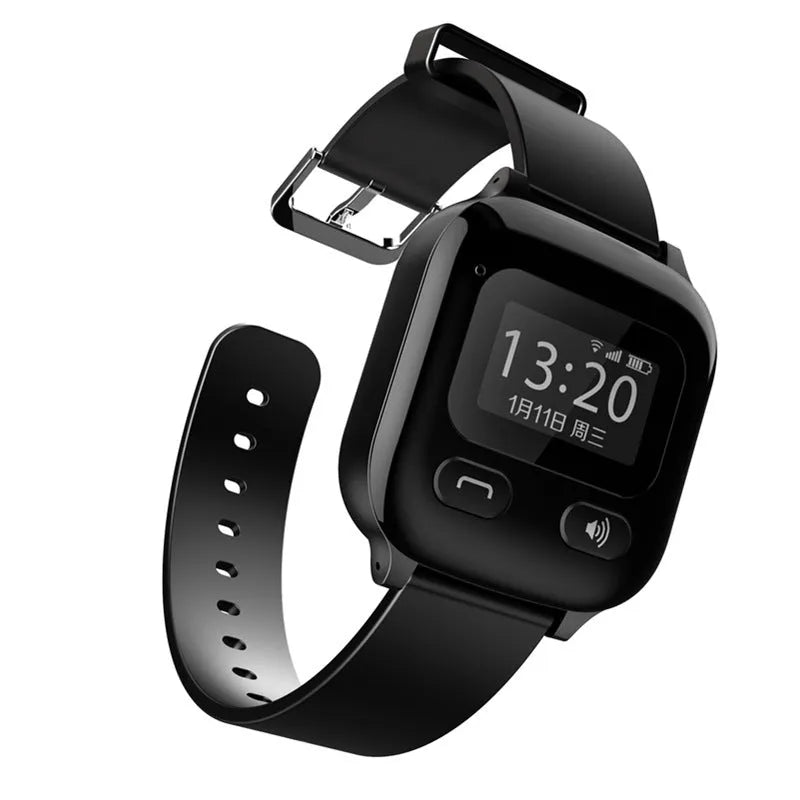 Black smart positioning watch for elderly with SOS button and card slot on wrist strap