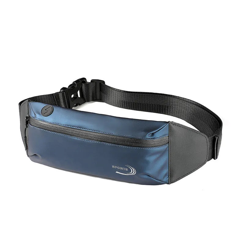 Men's solid-colour waterproof waist bag in blue, shown with dimensions for sports use.