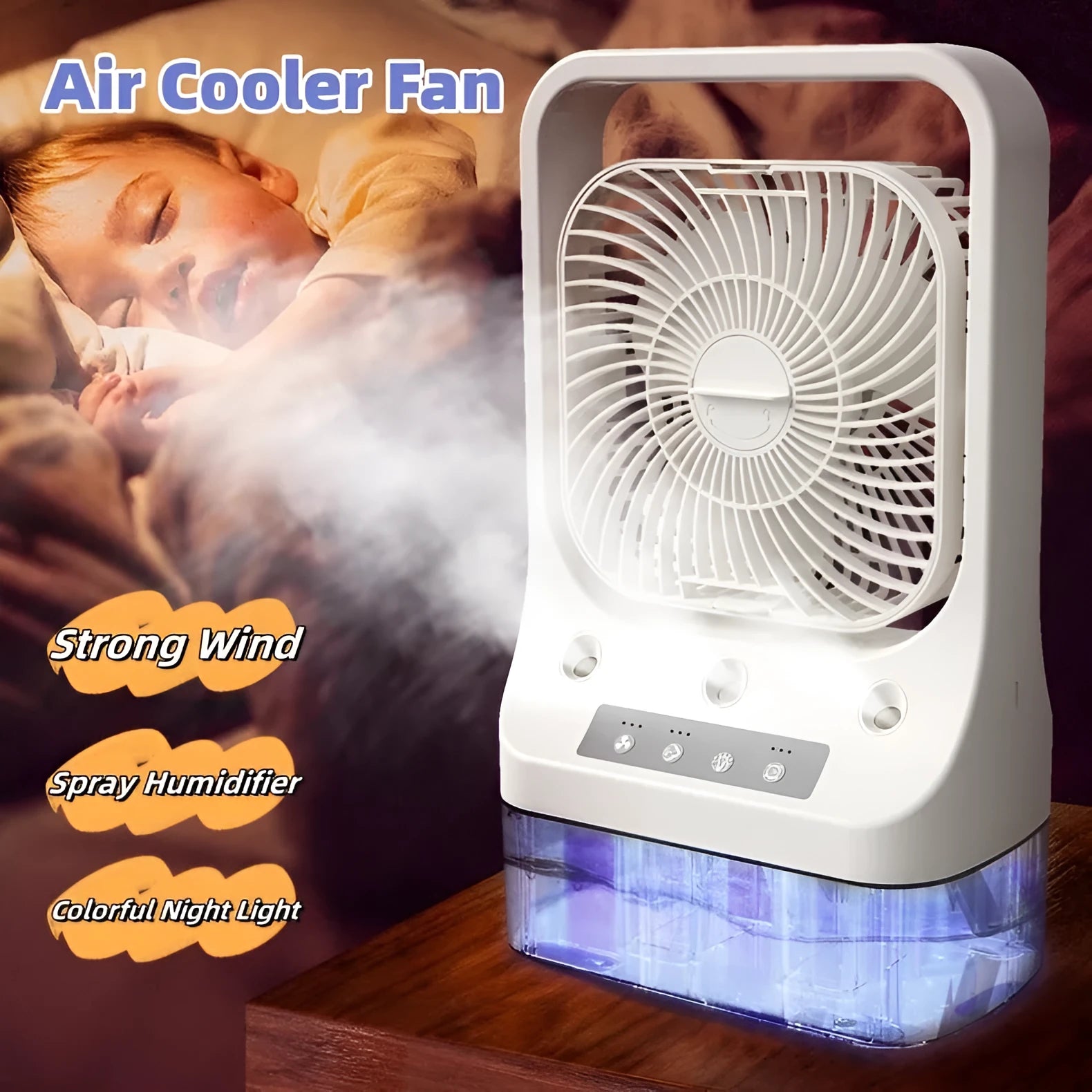 White household cooling fan with USB-C charging port, adjustable head, water tank, and colourful night lights