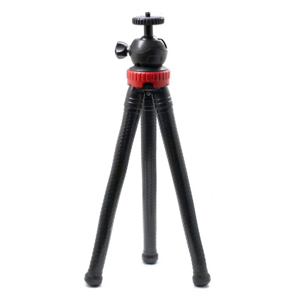 Black octopus tripod stand with flexible rubber legs and a spherical gimbal head for cameras and phones.