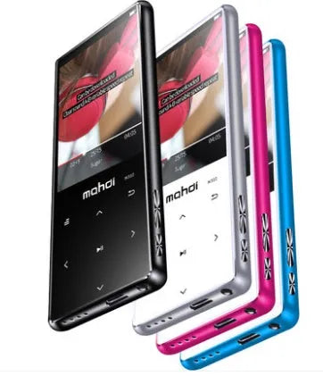 Silver ultra-thin portable MP3 player with a 2.4-inch touchscreen displaying a music interface.