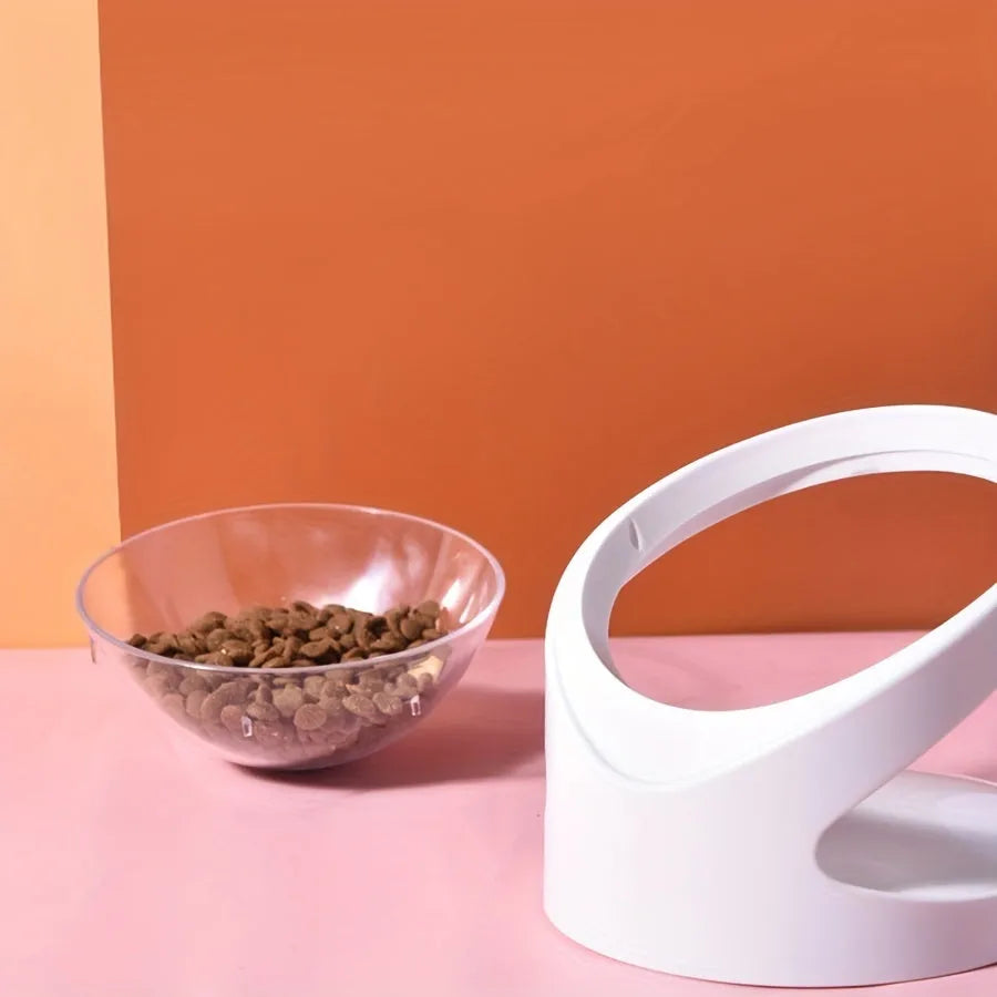 Clear elevated cat food bowl with ergonomic tilt design for neck protection