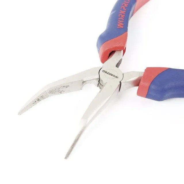 Blue and black handled curved nose pliers with fine 5mm tips, 160mm long.
