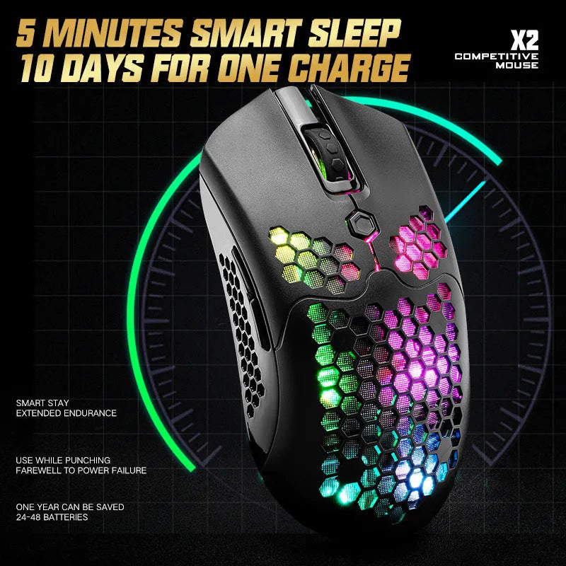 Free Wolf X2 wireless gaming mouse with RGB lighting in black, green, pink, white, or yellow colour options.