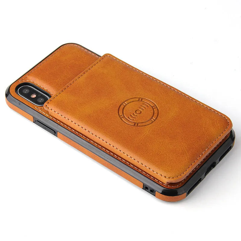 Imitation leather wallet phone case for iPhone 11 in a solid colour, showing card storage slots.