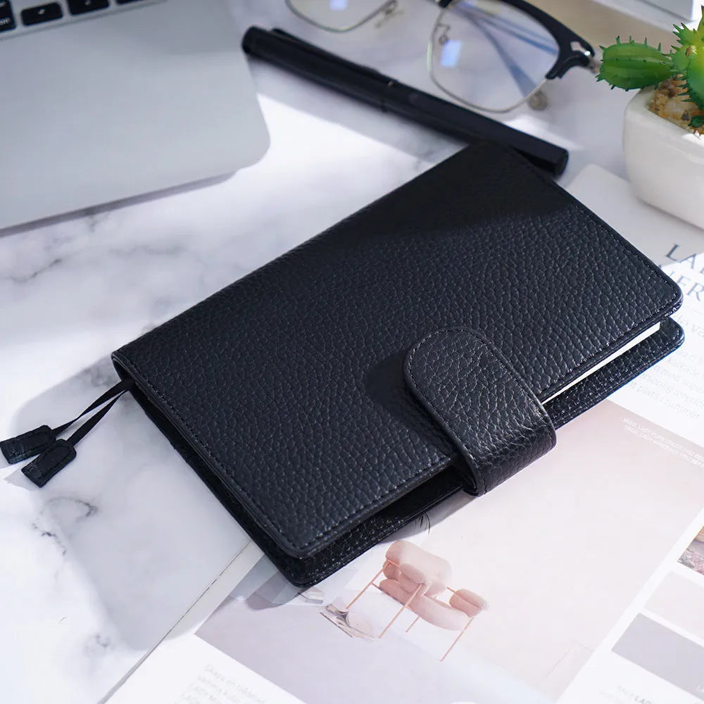 Lychee pattern cowhide leather notebook in A6 size with loose-leaf binding