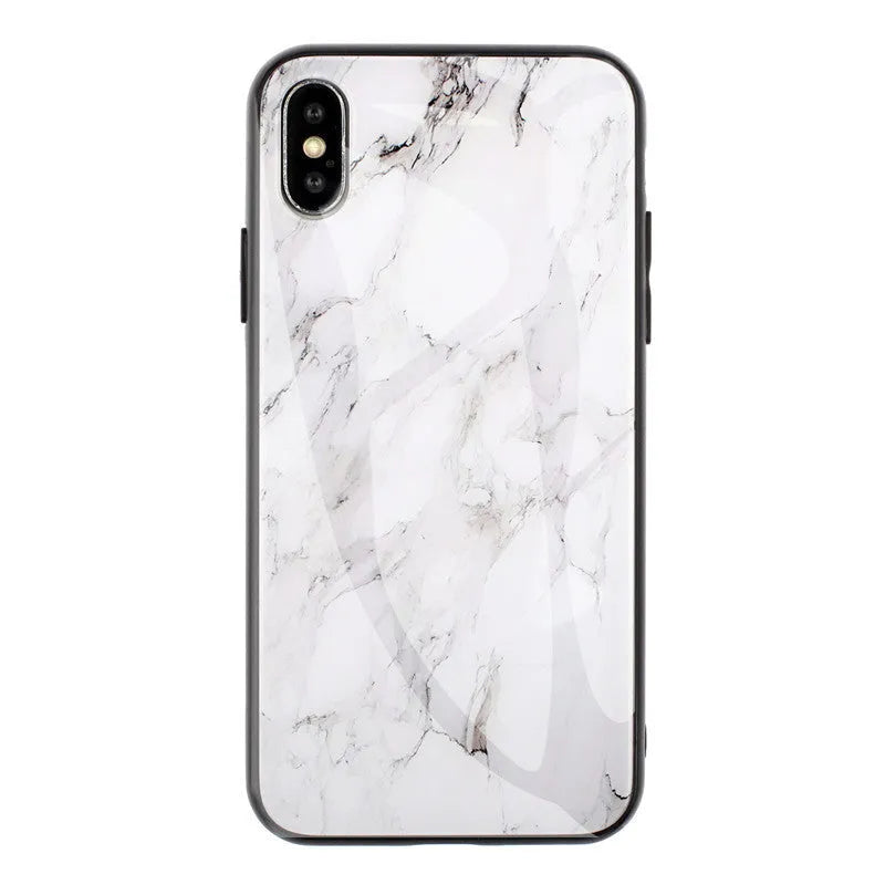 Clear marbled glass design Huawei phone case with cartoon pattern on a table.