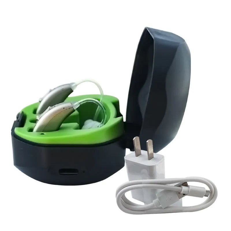 Wireless invisible rechargeable hearing aid with USB charging case on a table