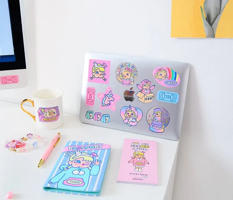 Box containing 16 cute square cartoon stickers in Korean comics style for DIY decoration.