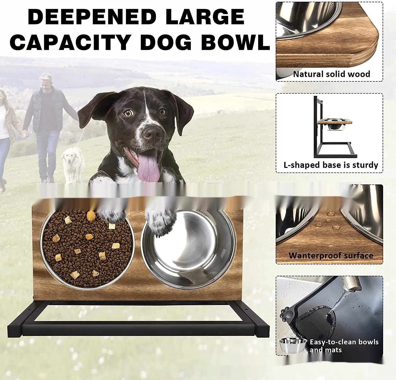 Black iron elevated dog feeding stand holding three different sized bowls for large breeds.