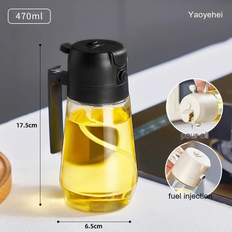 470ml glass olive oil sprayer dispenser bottle in beige, black, green, or yellow colours with ergonomic handle