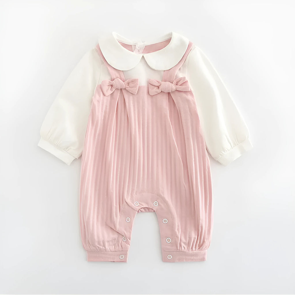 Pink long sleeve cotton jumpsuit for baby girl with single-breasted buttons