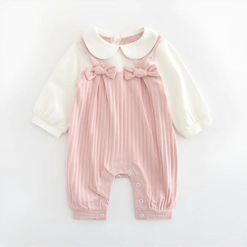 Pink long sleeve cotton jumpsuit for baby girl with single-breasted buttons