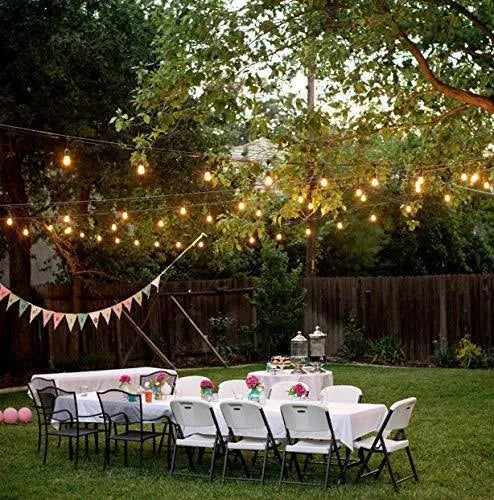 Waterproof solar-powered LED string lights with PVC shell for outdoor patio and garden decoration.