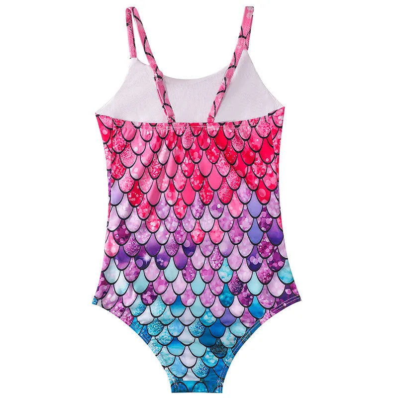 Children's mermaid style one-piece swimsuit in polyester with high elasticity, available in multiple colours and sizes 100-150cm