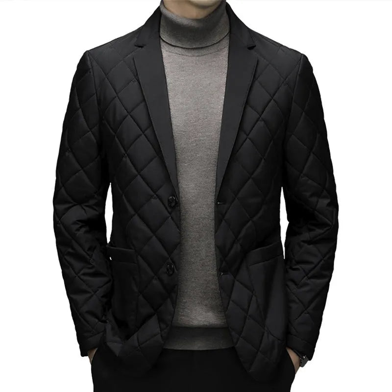 Men's thick winter down jacket in lapel cardigan style with side seam pockets