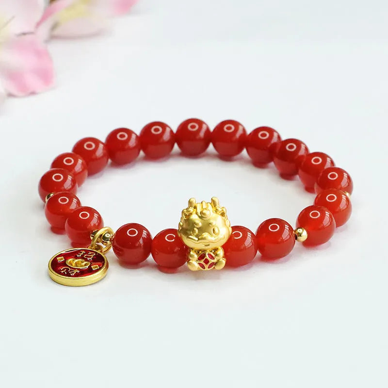 Red agate zodiac dragon bracelet with 8mm Chinese style beads for birth year symbolism