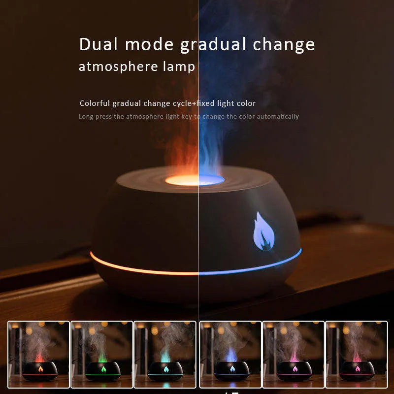 Black flame humidifier aroma diffuser with 130ml tank, 7 colour lights, and USB power on a wooden table