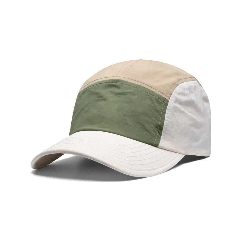 Men's quick-drying cotton-polyester baseball cap with curved brim in khaki, green, orange, and yellow colours.