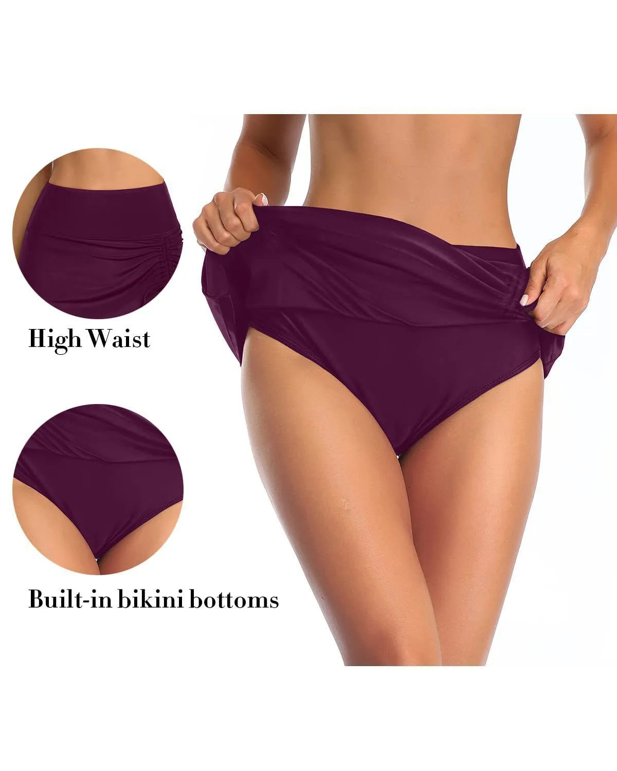 Women's solid colour polyester swimming trunks shown in briefs style