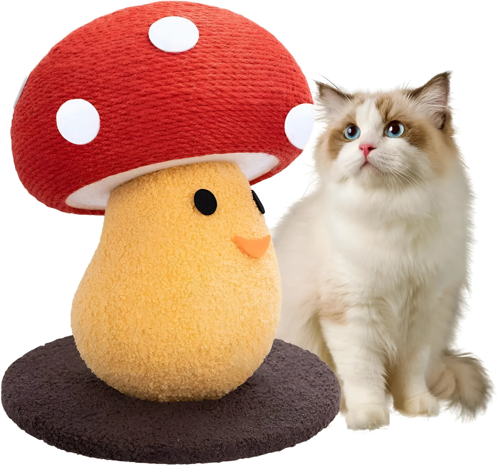 Foldable mushroom-shaped cardboard cat scratcher and lounge pad on a carpet