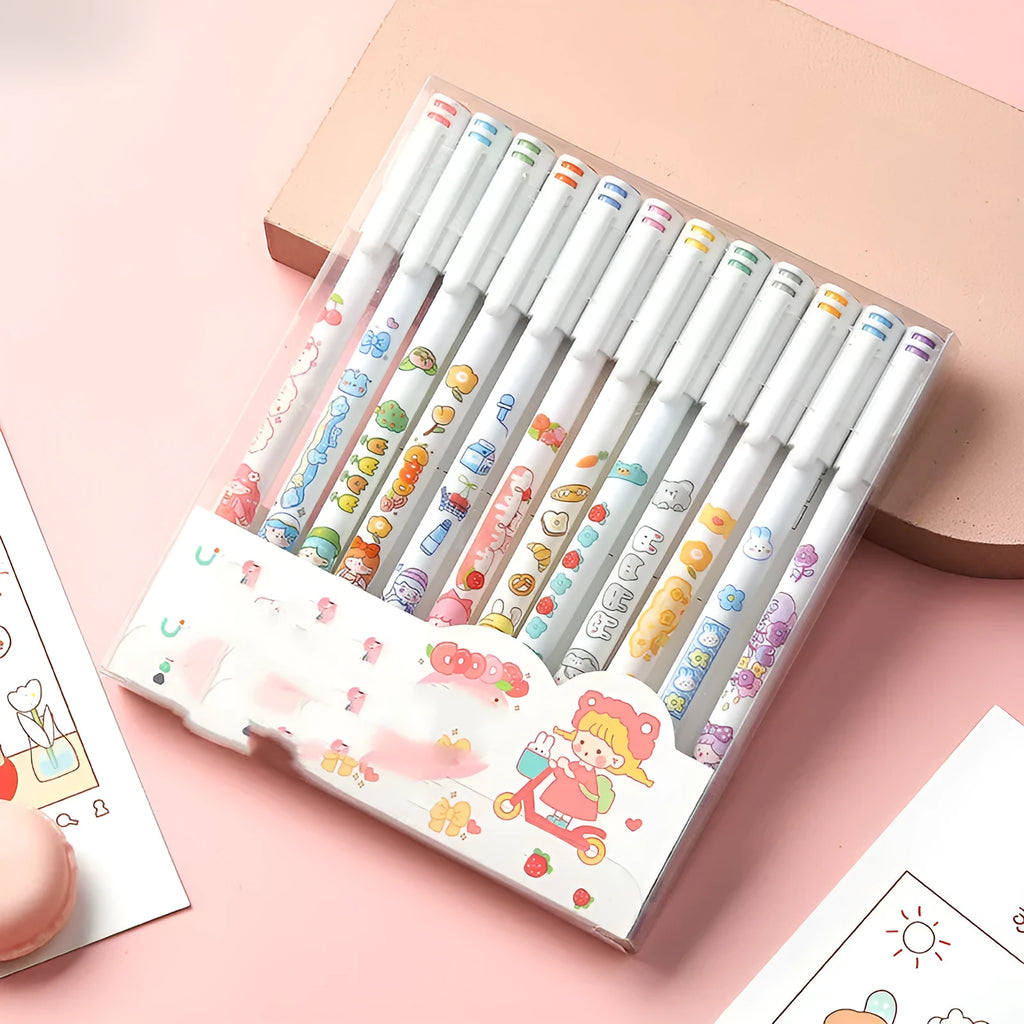 Twelve-colour gel pen set with 0.5mm tips in cartoon style for office use