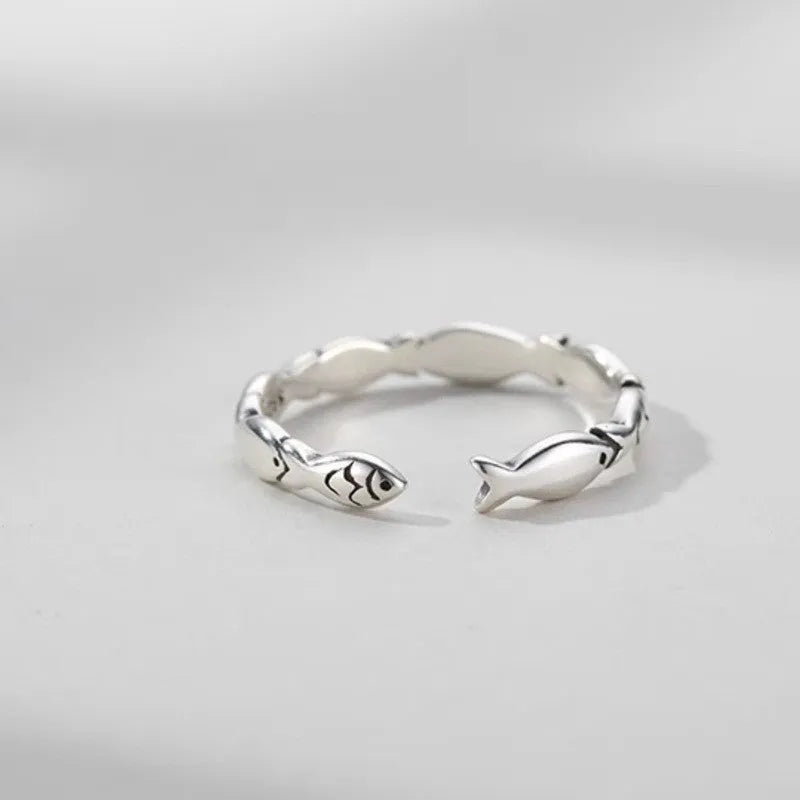 Women's adjustable S925 sterling silver vintage fish ring showing carp design elements