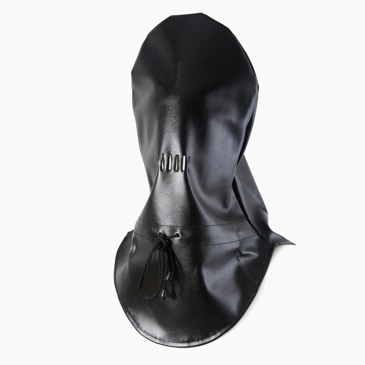 Black leather BDSM face mask with an open mouth and an adjustable buckle strap.