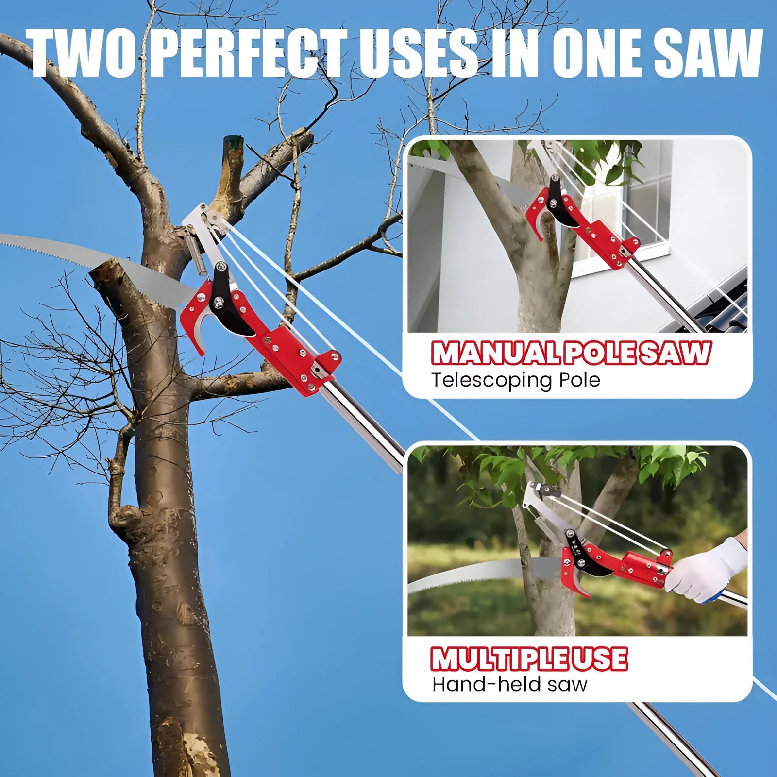 Pull rope pruning shears with 8-section metal pole extended to 3.3 metres for high branch cutting