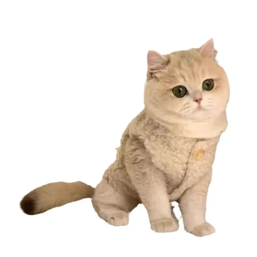 Cat wearing brown polar fleece winter vest showing ins style cut and fleece texture