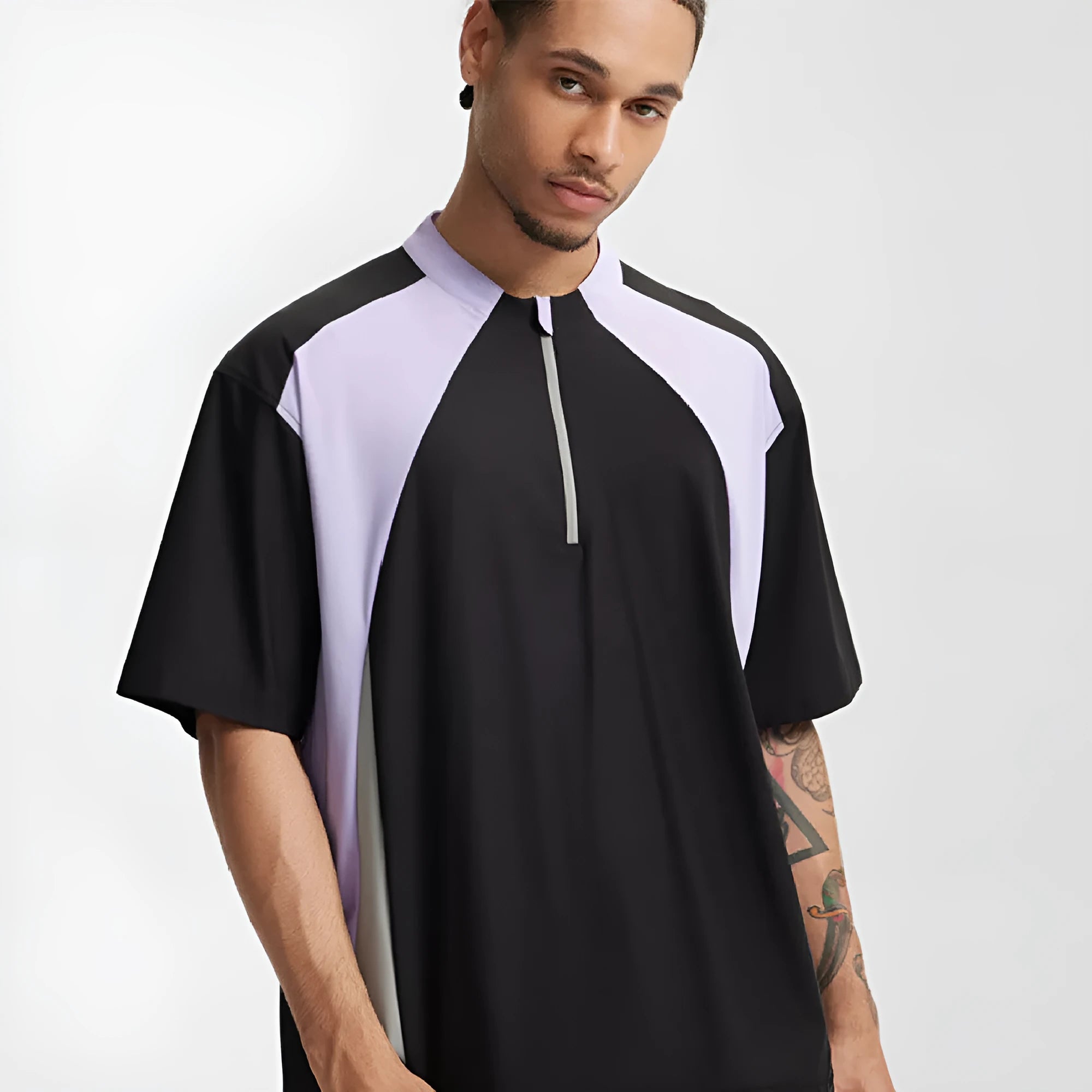 Men's solid colour polyester top with stitching detail in black and beige with long and short sleeve options