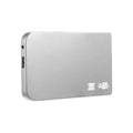 Silver USB 3.0 solid state mobile hard disk with data cable on a desk.