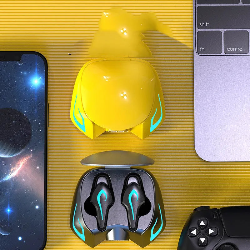 Black, dark grey, and yellow colour variants of a Bluetooth gaming headset with earplug-style earpieces.