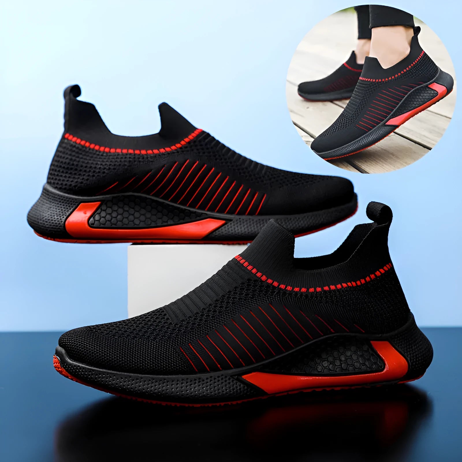 Men's black and white striped mesh sock sneakers with lace-up front and round toe.