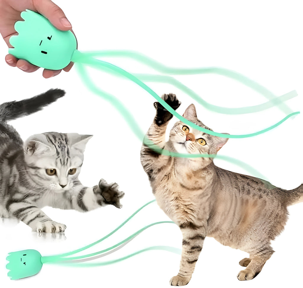 Green automatic cat wand toy with swinging silicone tails on white background