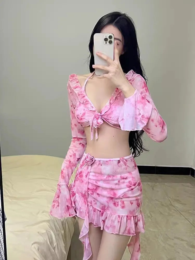 Women's floral swimsuit bikini set in cherry blossom pink with polyester fabric
