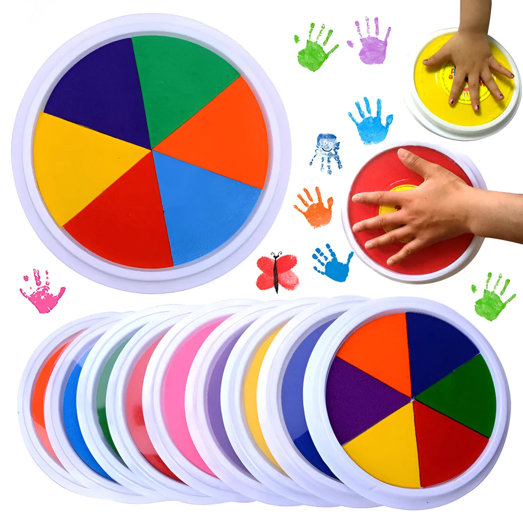 Children's finger print mud kit with plastic inkpad, stamp, and picture album for non-toxic sensory play.