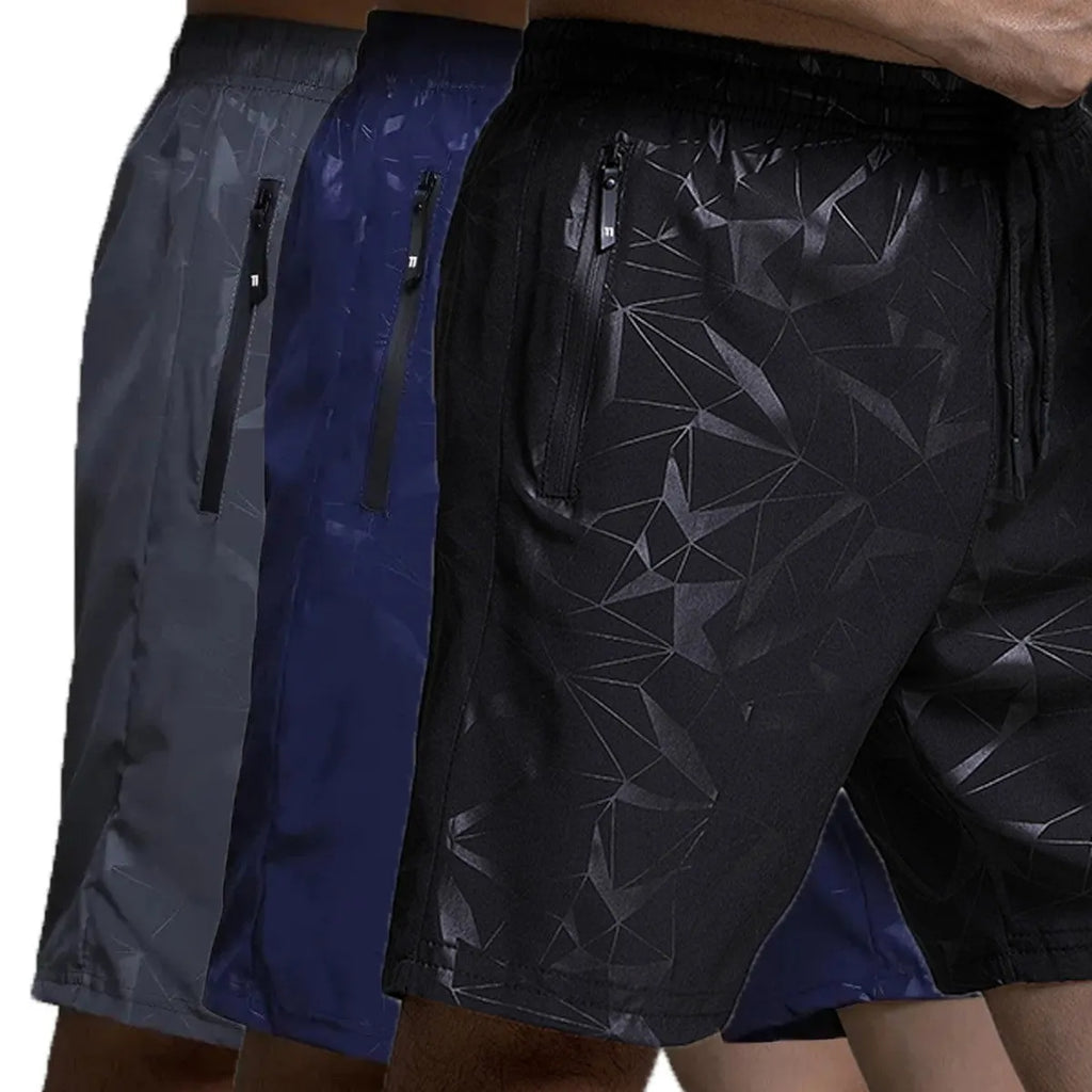 Men's loose-fit printed sports shorts in polyester fabric available in black, grey, or blue colours