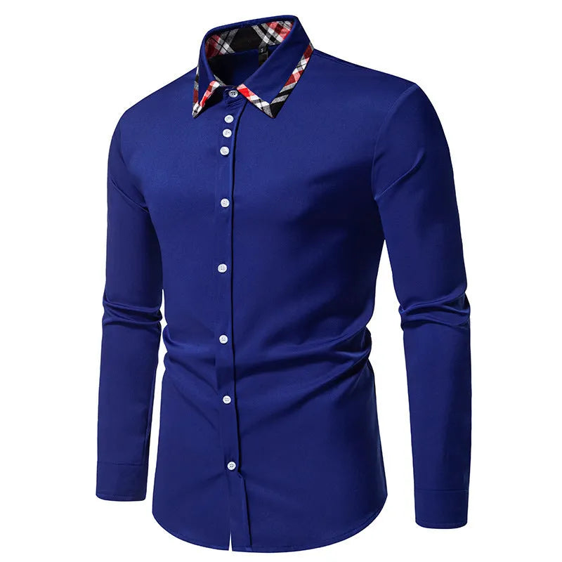 Man wearing a blue plaid long sleeve shirt with a triangle collar in a casual cardigan style.