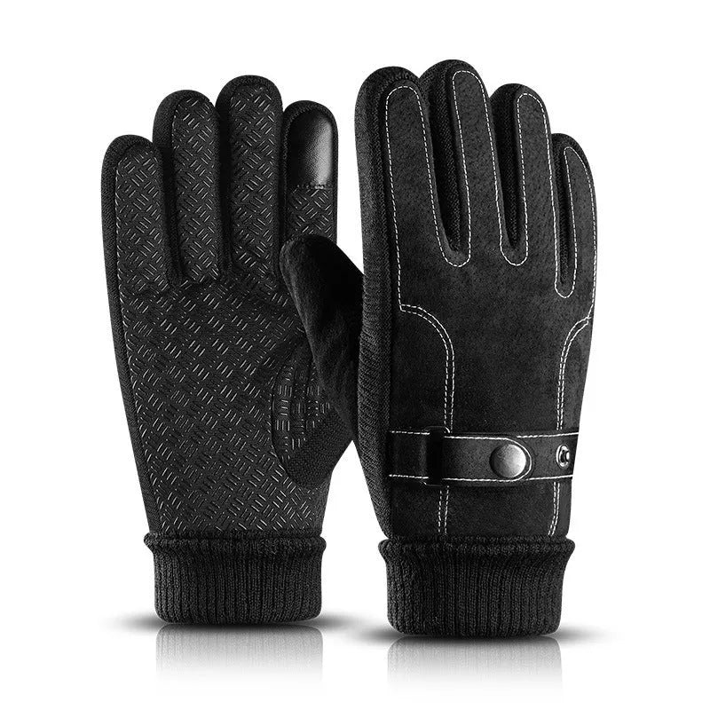 Men's genuine pigskin leather touch screen gloves in brown with fleece lining for winter warmth