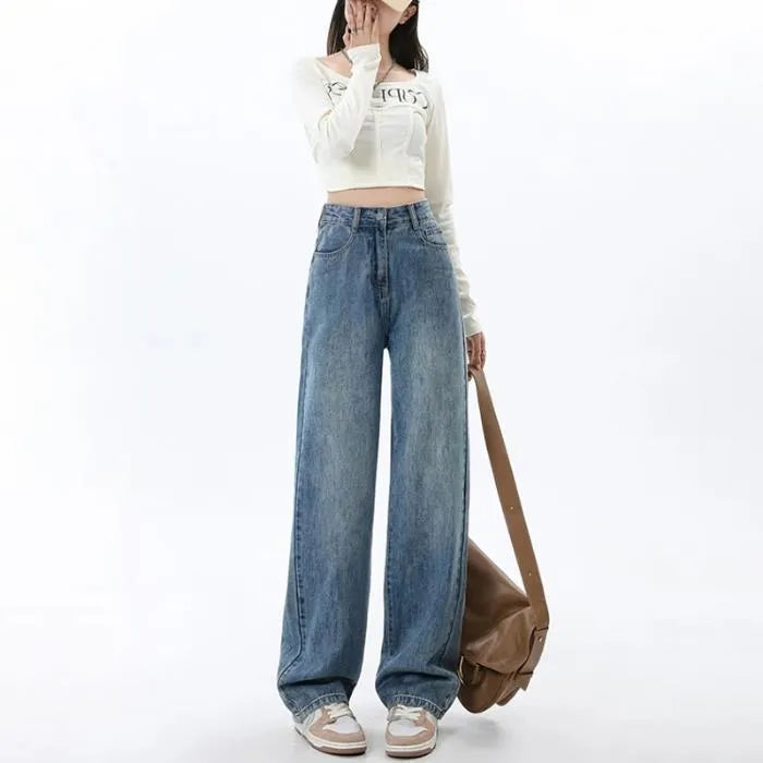 Women's retro blue high-waist wide-leg denim jeans laid flat