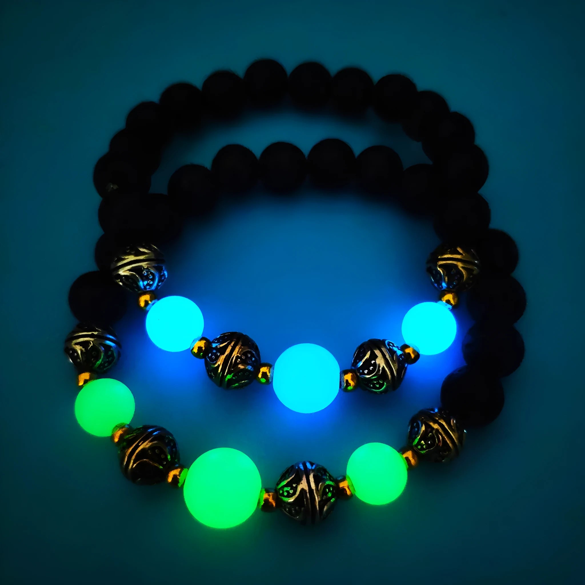 Luminous beaded bracelet for women with fluorescent stone beads, 55mm inner diameter, ancient bronze electroplating