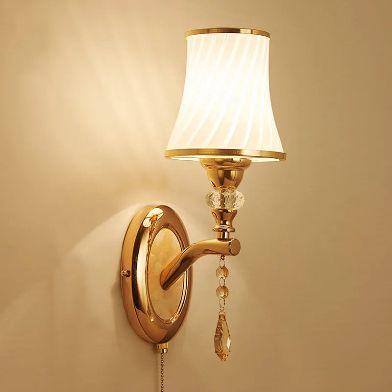 European style wall lamp with glass lampshade, available in single or double head configurations for bedroom or sitting room