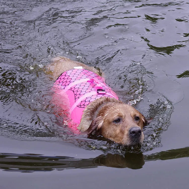 Pet life jacket vest for dogs in polyester, available in Rose Red and Silver Grey sizes XS to L