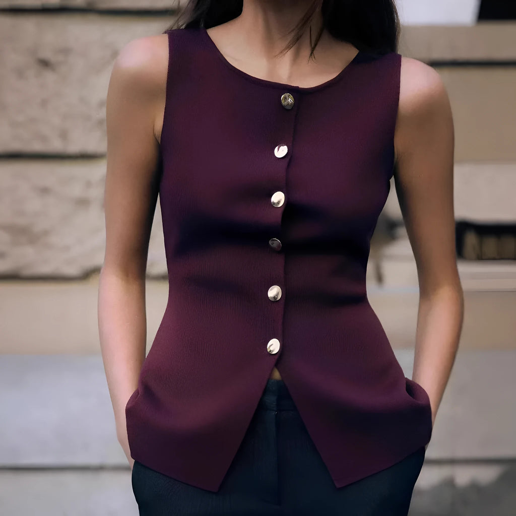 Dark red slim fit viscose sweater vest with gold buttons and 3D pattern