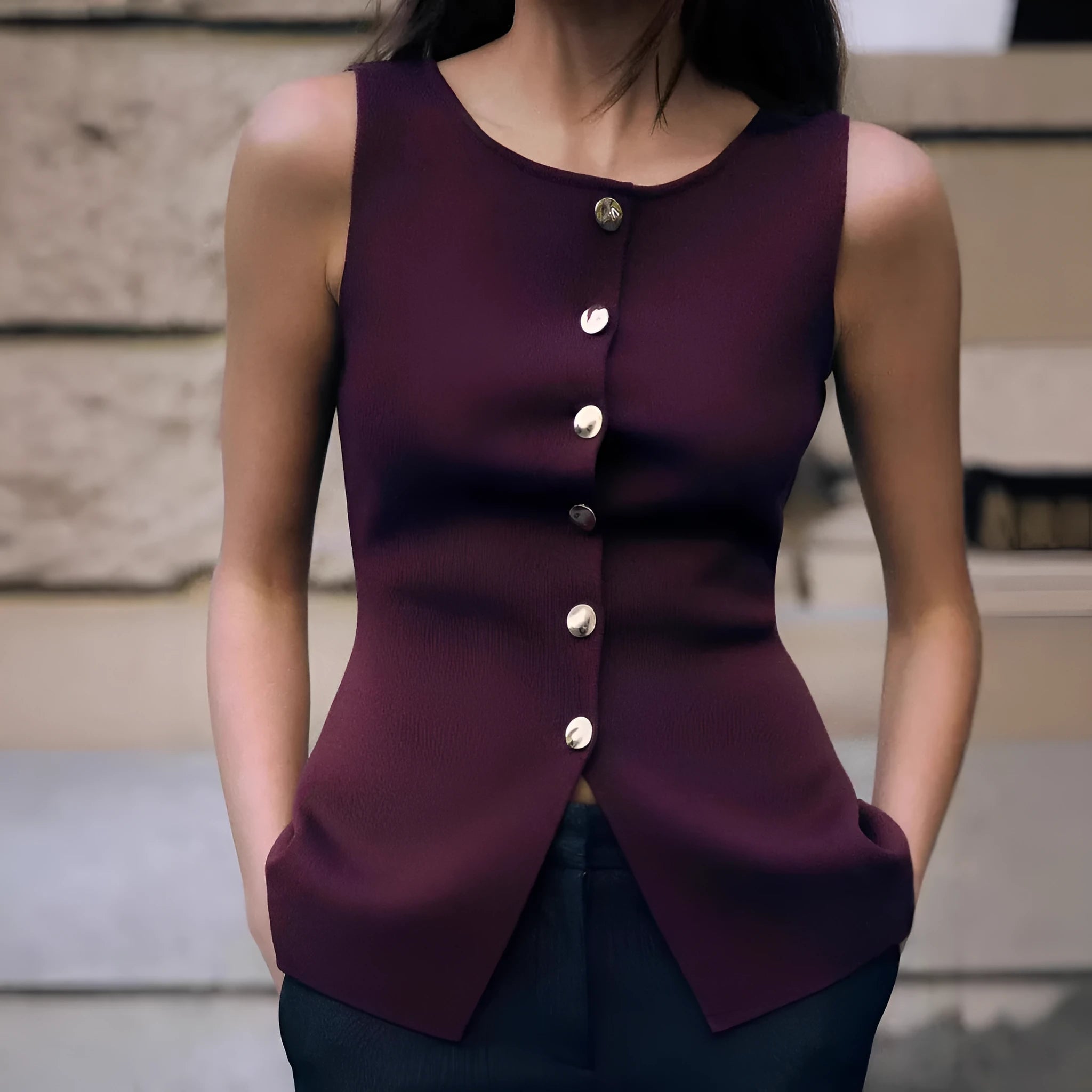 Dark red slim fit viscose sweater vest with gold buttons and 3D pattern
