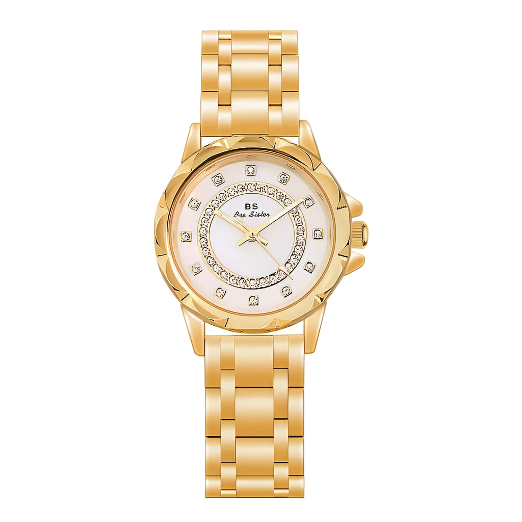 BS New Diamond Women's Watch with genuine diamond accents on a gold finish dial showing 3.2mm diameter