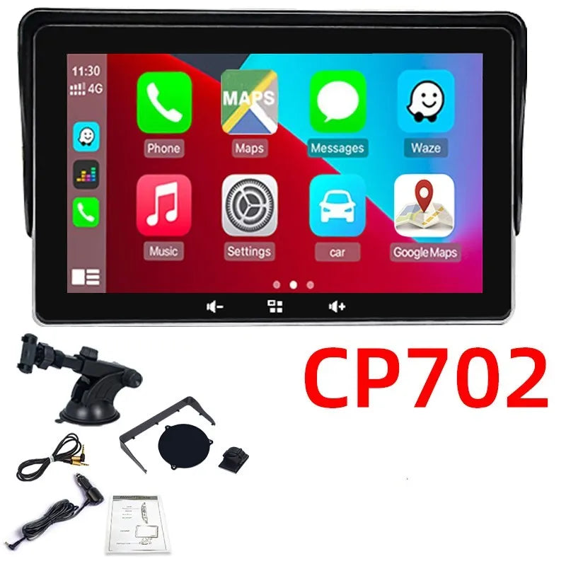 7-inch wireless CarPlay display mounted on a car windscreen with a suction cup, connected to a cigarette lighter plug.
